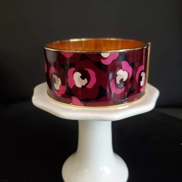 Kate Spade New York Floral Enamel Bangle Bracelet Burgundy Pink Gold Tone Wide - Picture 3 of 6